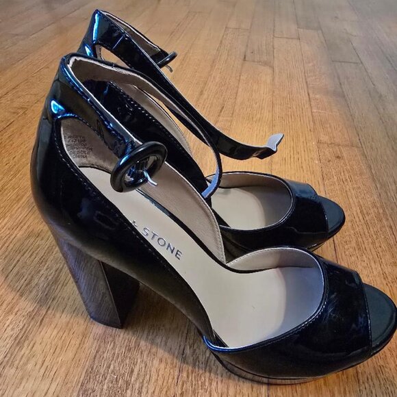 Sun + Stone Sz 7 Black - Reeta Chunky Peep to Block 4" Heel Platform Sandals - Picture 1 of 12